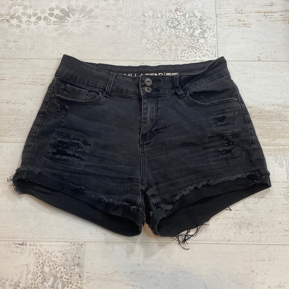 Vanilla Star Mid Rise Midi Black Jean Cut Off Shorts
